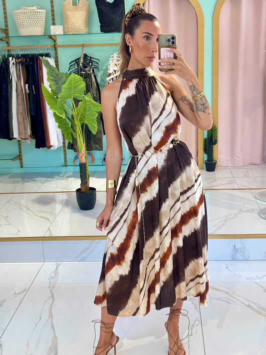 Robe longue satinée à imprimé - marron