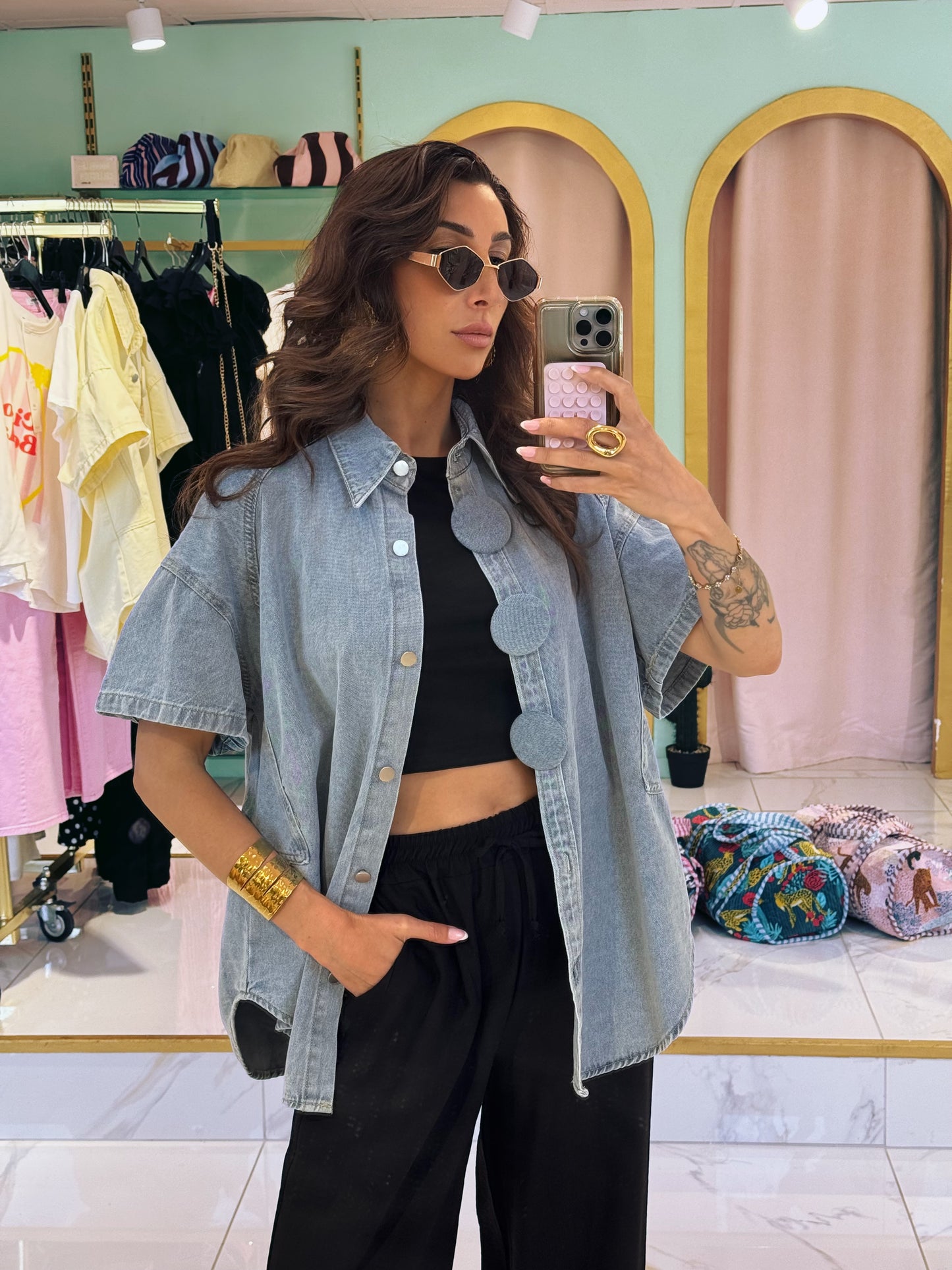 Veste en jean manches courtes oversize - bleu