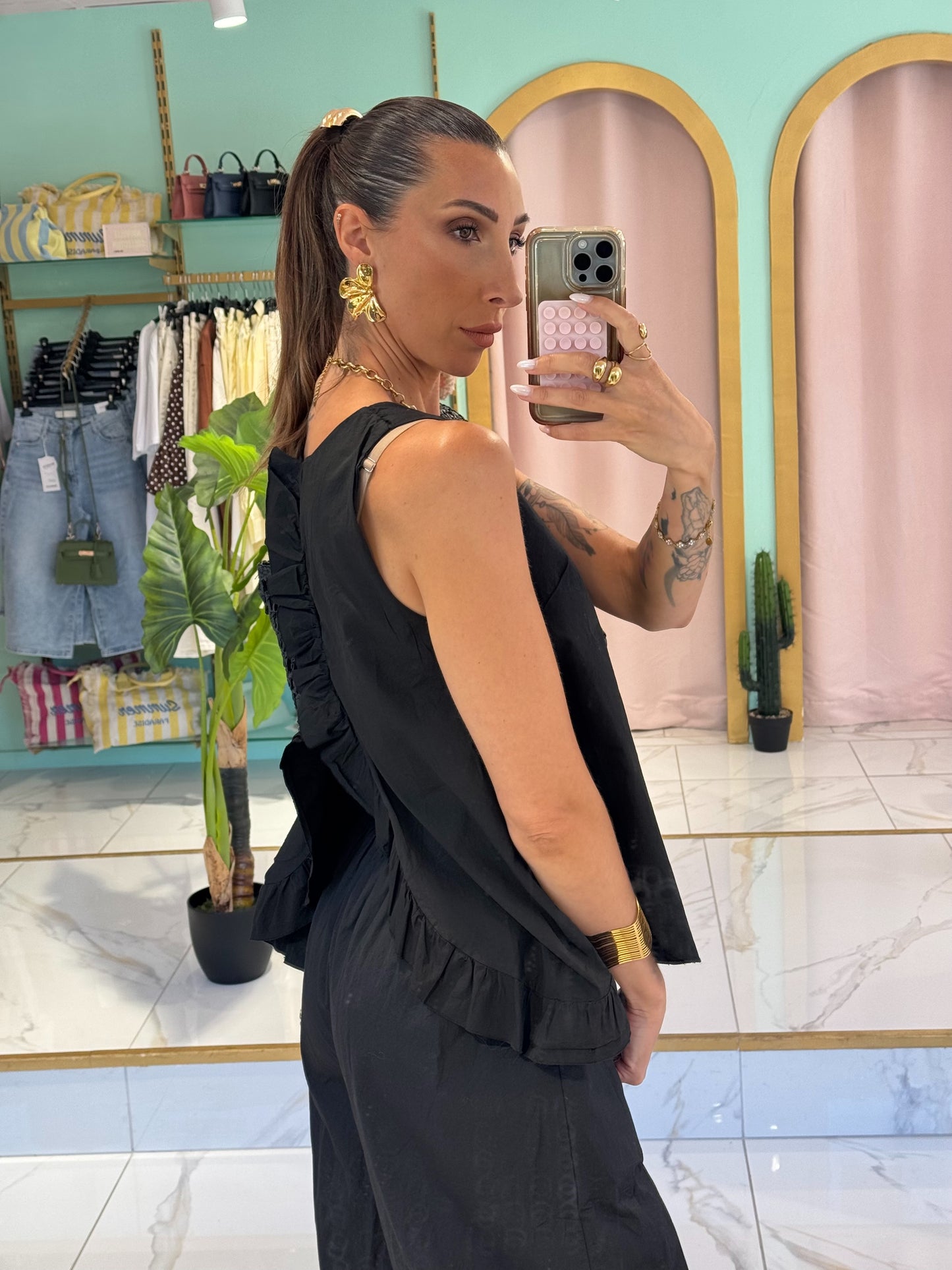 Top en coton loose ouvert dans le dos- noir