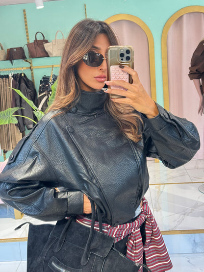 ✨ Veste Bomber en Simili Cuir Grainé à Col Montant Asymétrique – noire