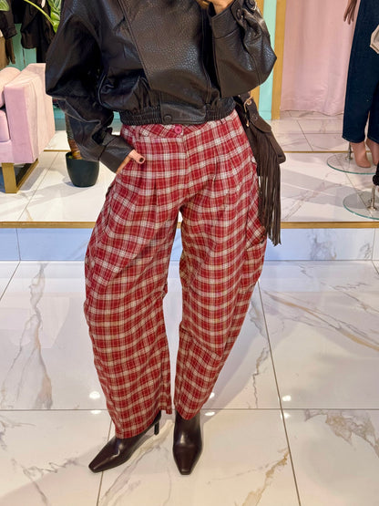 Pantalon à carreaux bordeaux & beige – Coupe ballon