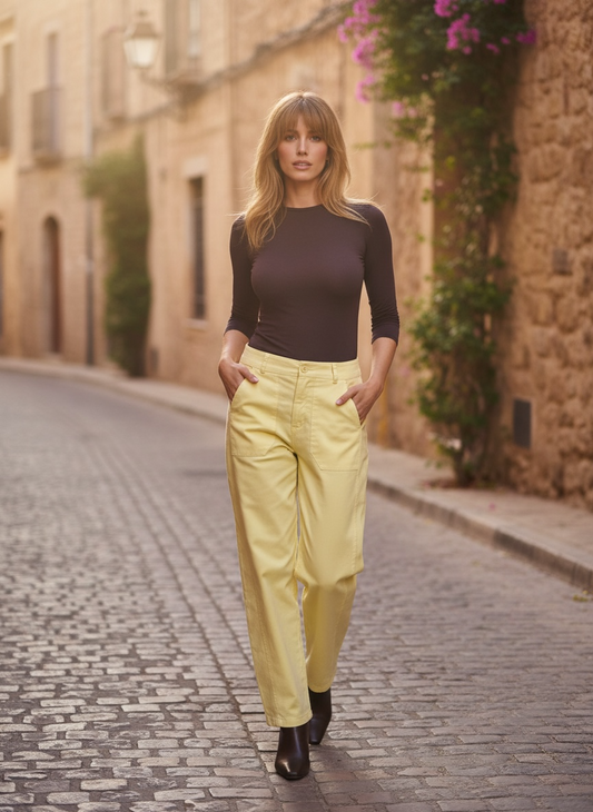 Pantalon en coton coupe barrel- jaune  pastel