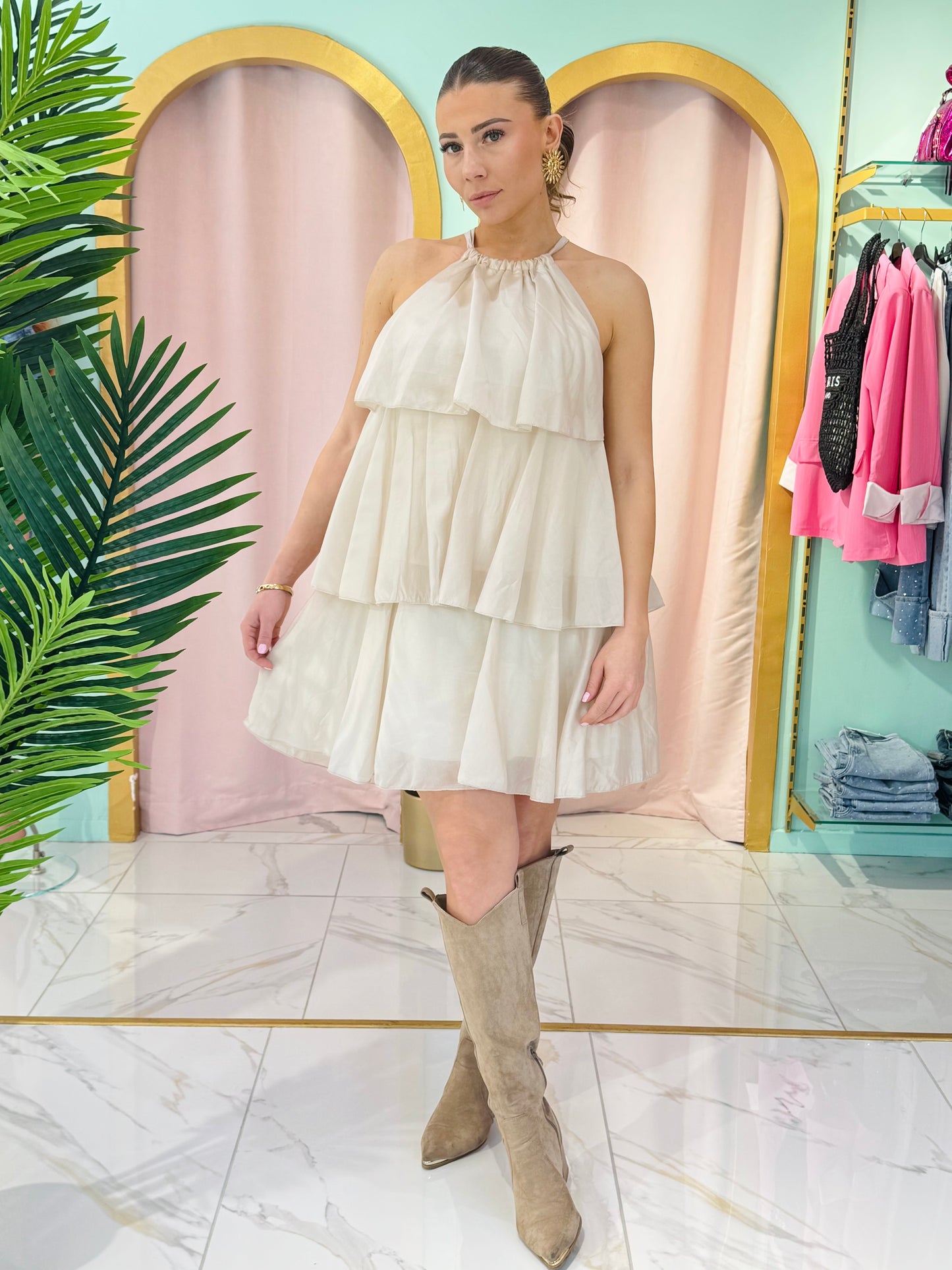 Robe trapèze  à volants beige