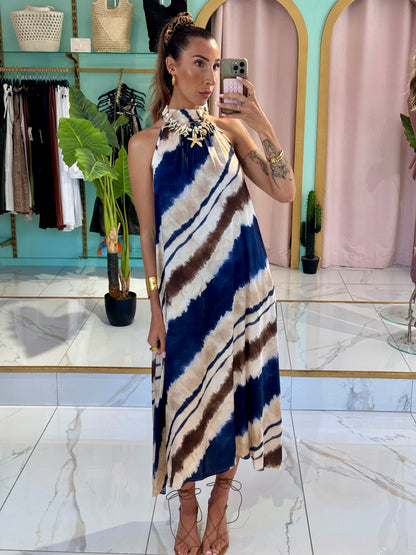 Robe longue satinée à imprimé - bleu marine