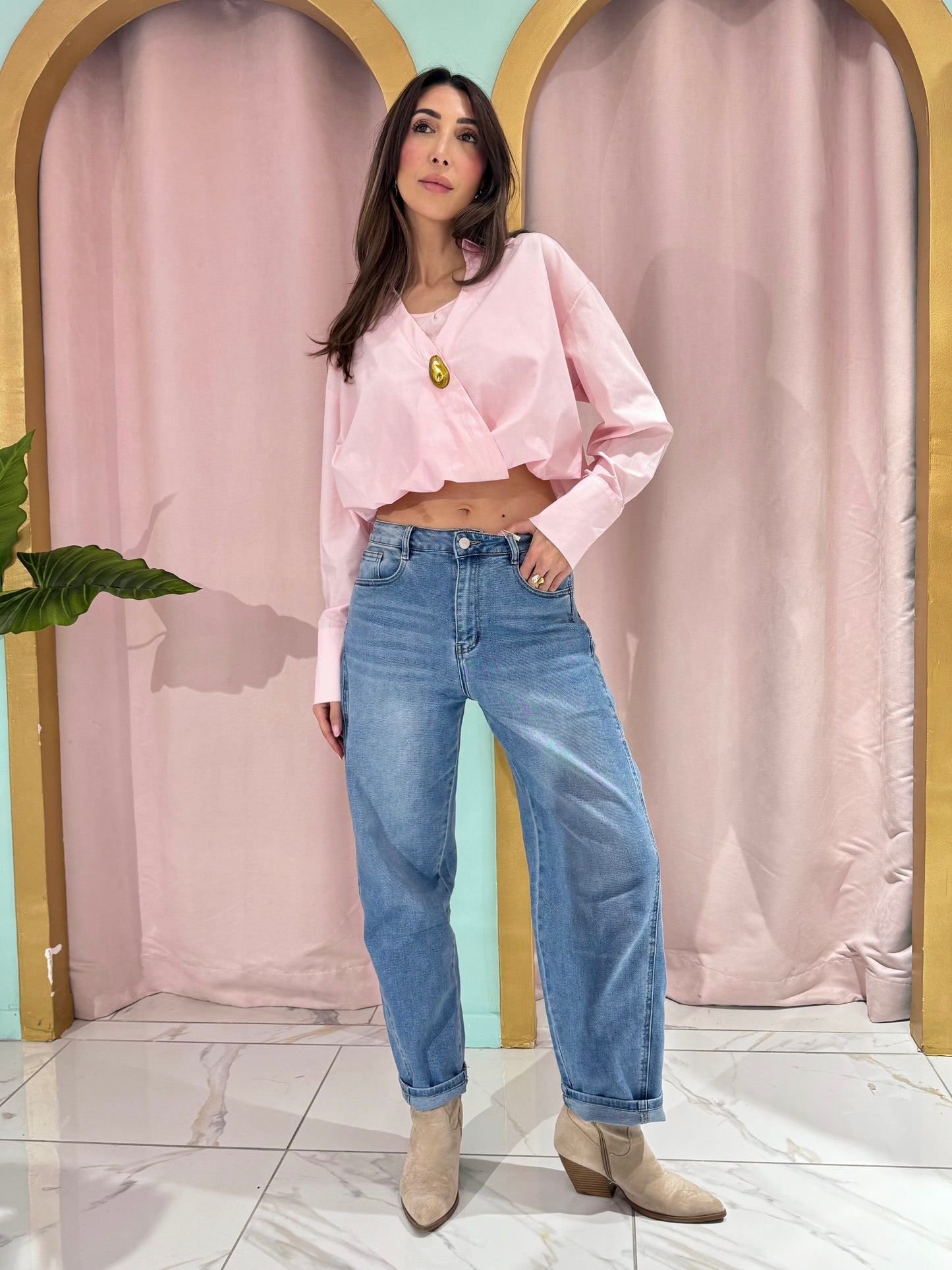 Chemise cropped bouffante Monaco rose pastel