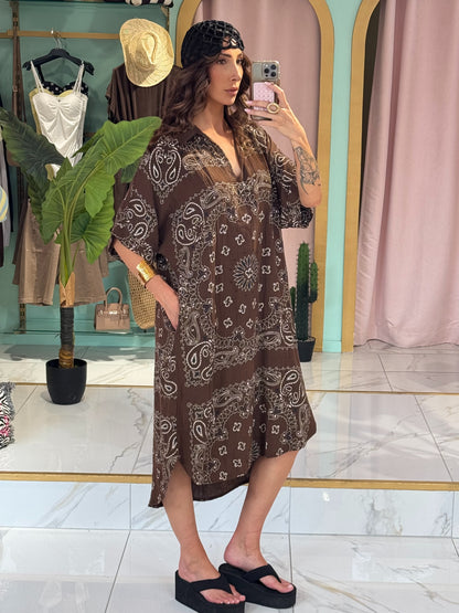 Robe tunique en gaz de coton à motif bandana - chocolat