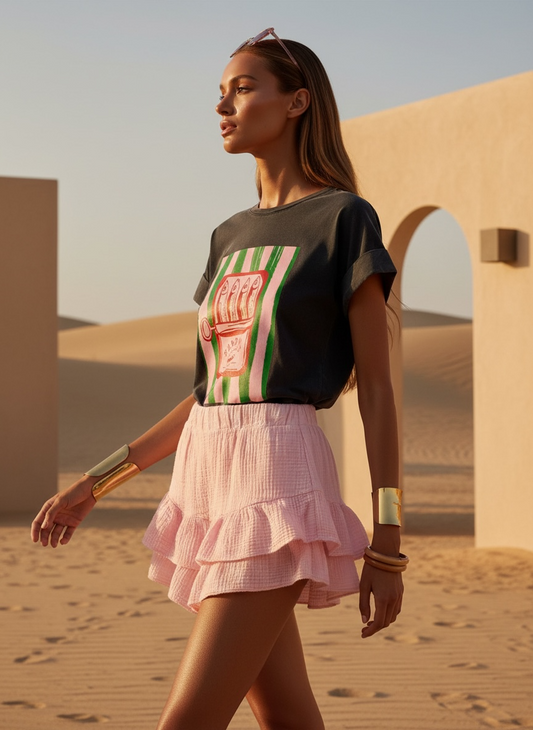 Jupe-short à volants en gaze de coton – rose