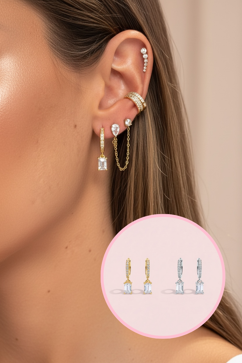 Boucle d’oreille petit anneau et carré strass gamme spacy