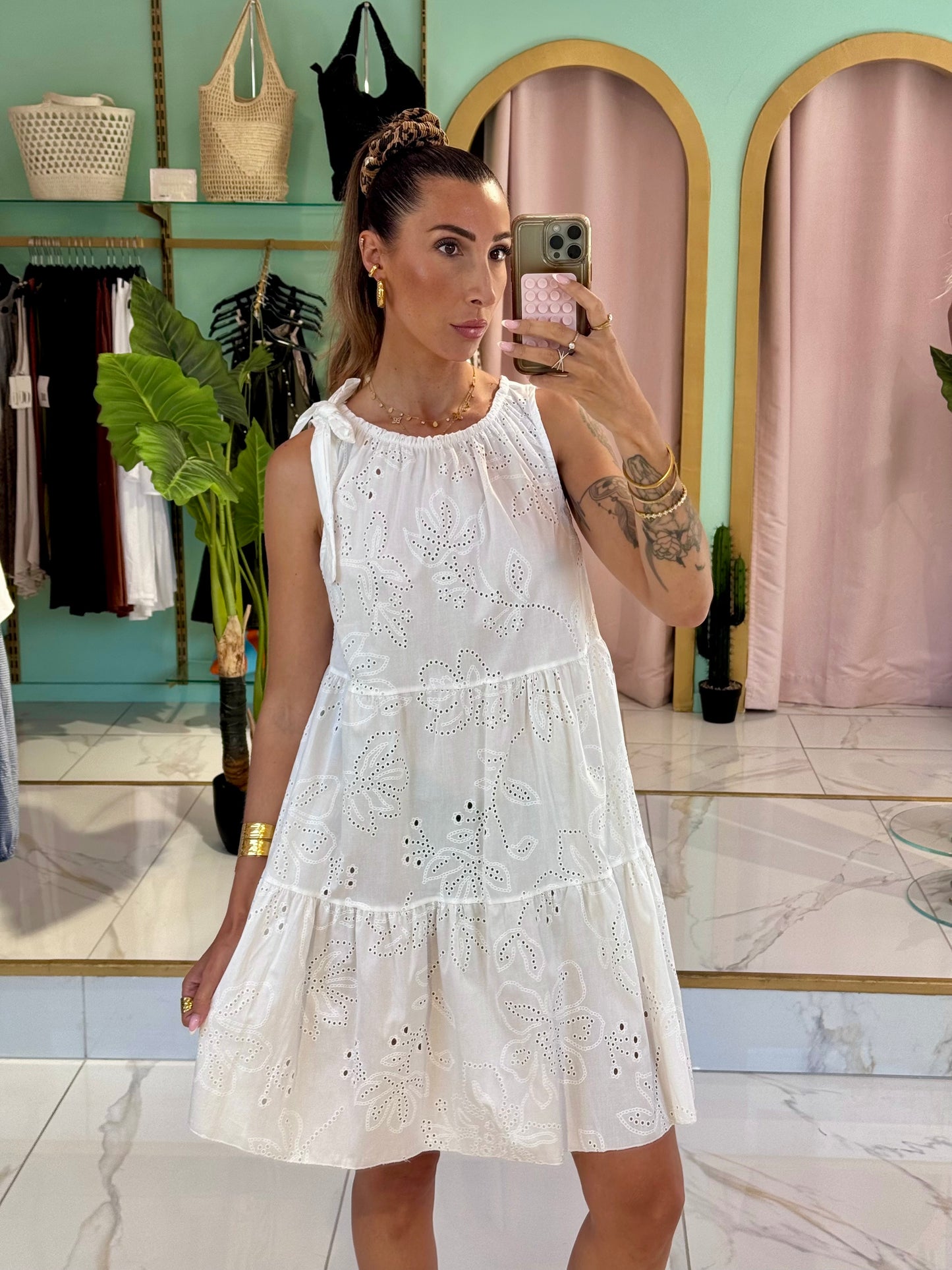 Robe oversize broderie & noeud épaule - blanc