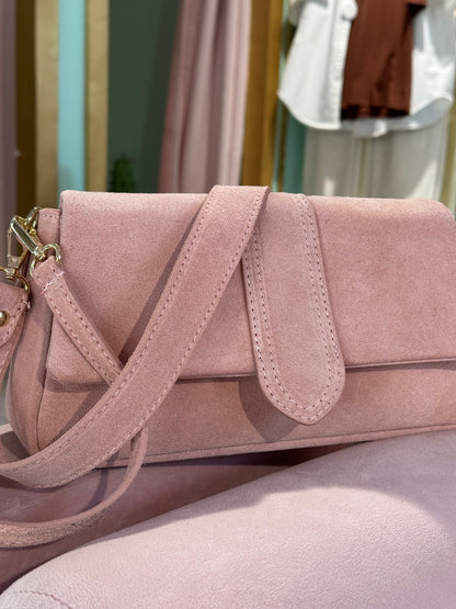 Sac en cuir nubuck dupe à double bandoulière - rose pastel