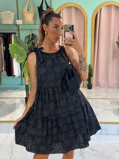 Robe oversize broderie & noeud épaule - noir