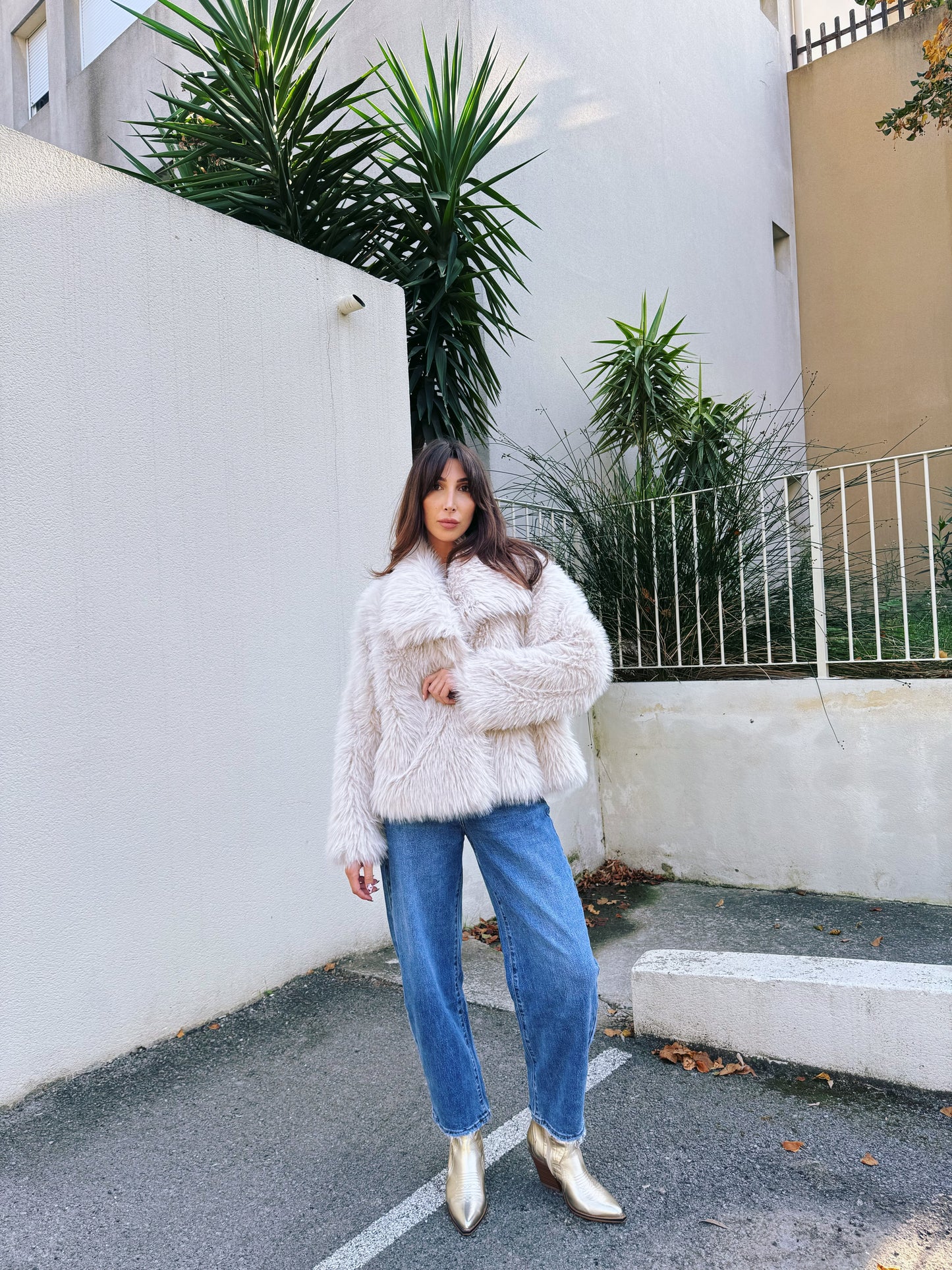 Manteau fausse fourrure écru
