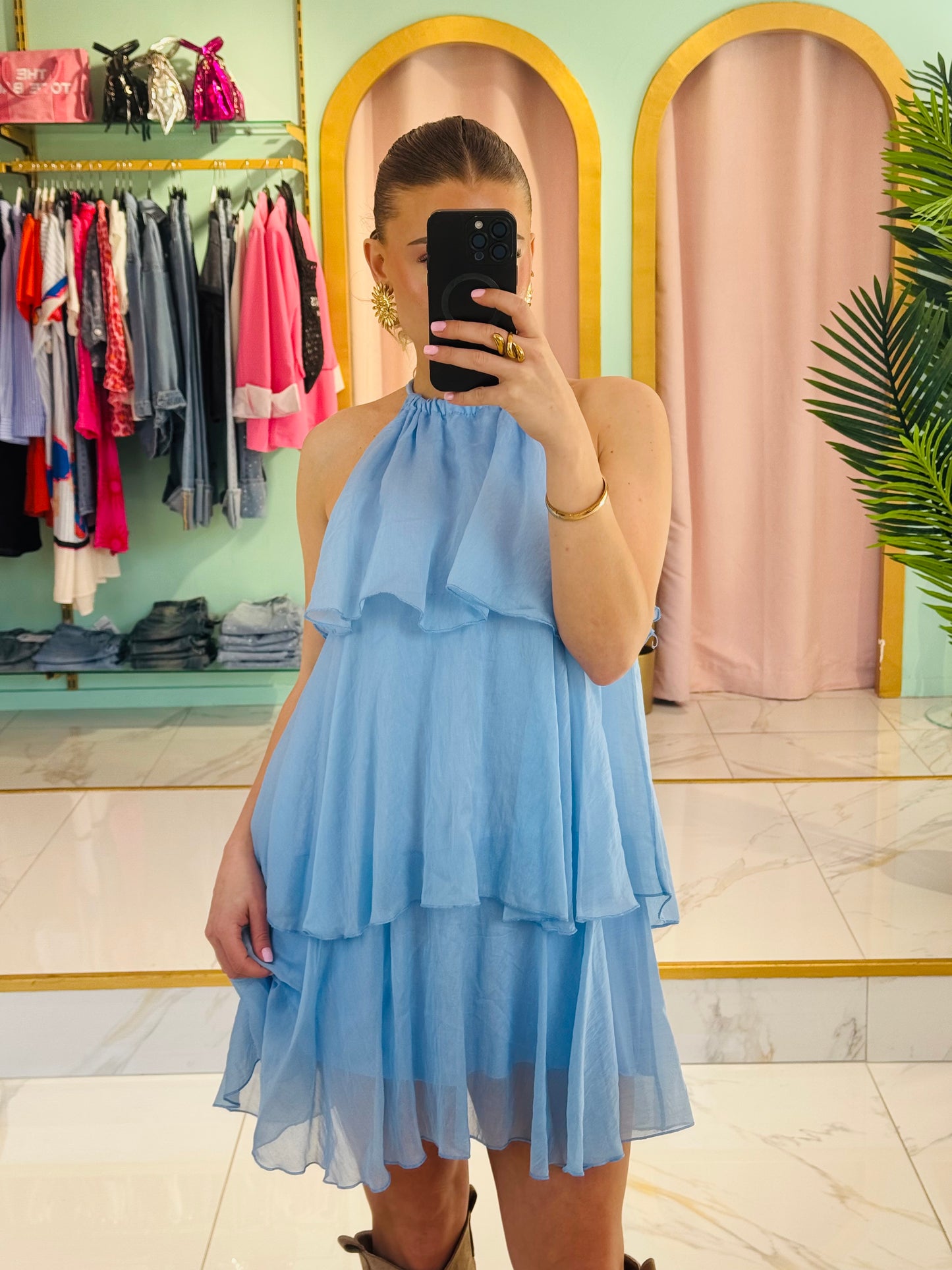 Robe trapèze  à volants bleu