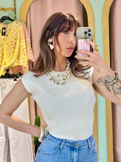 Top en maille fine moulant façon body- crème