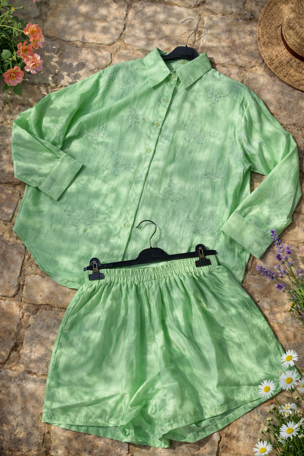 Ensemble Chemise & Short Organza – Papillons Strass-vert mint