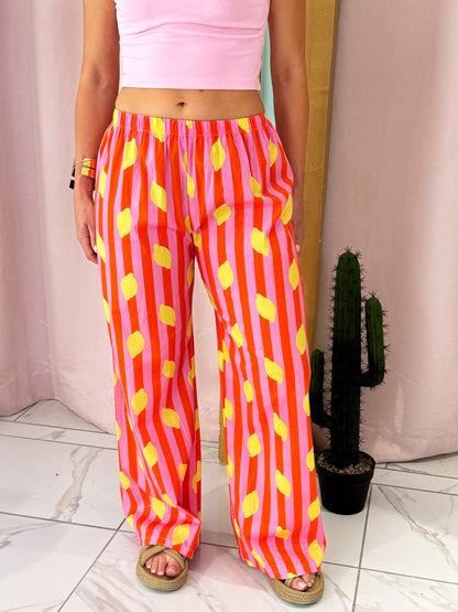 Pantalon rayé citron -orange & rose