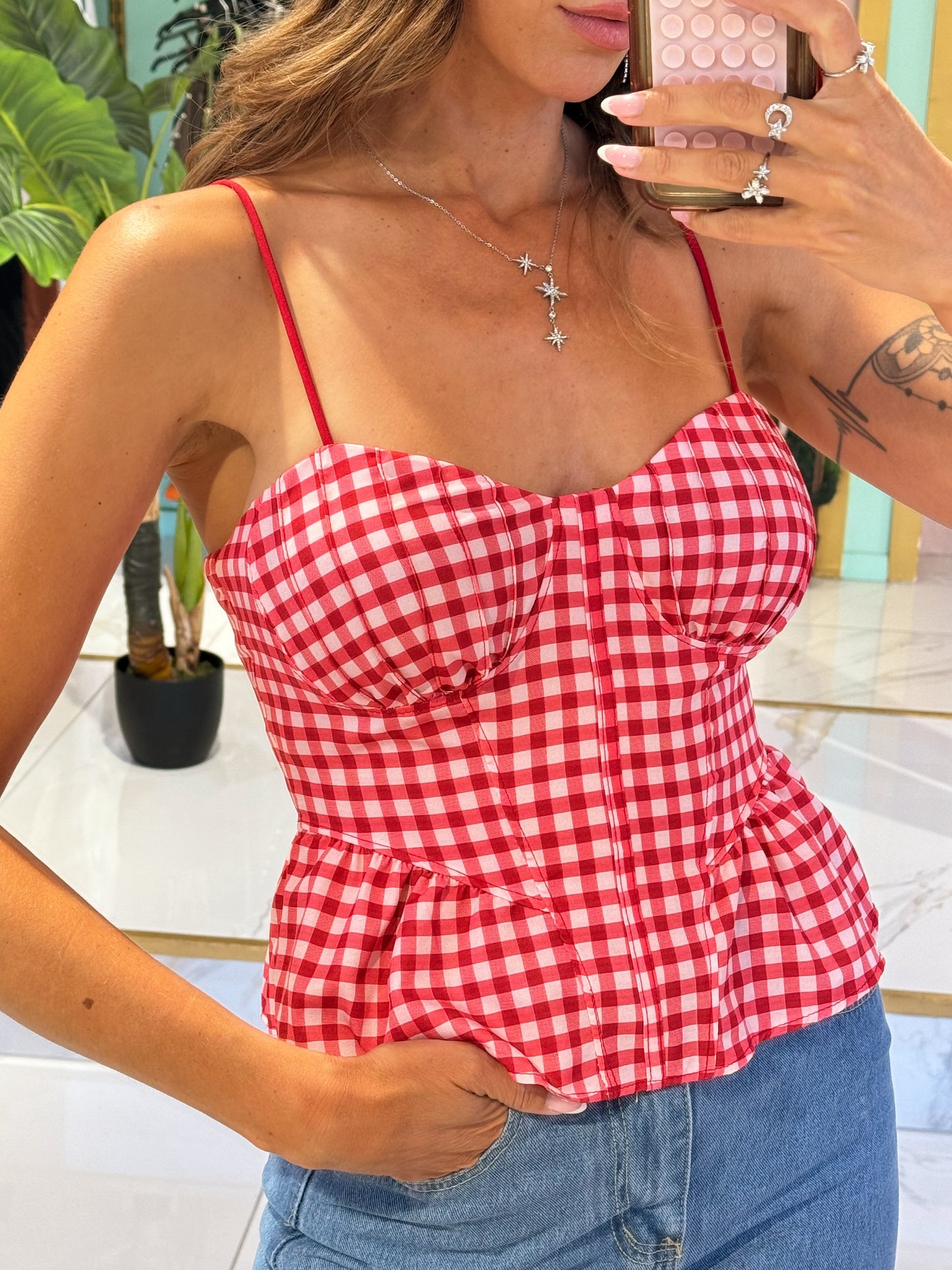 Top vichy façon corset avec coques - rouge