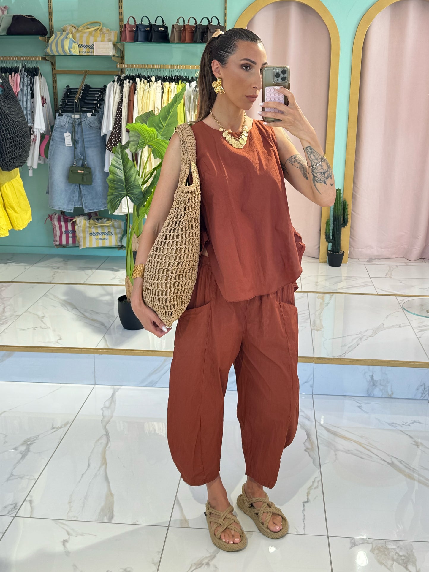Top en coton loose ouvert dans le dos - terracota