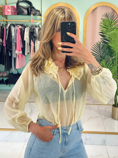 Blouse transparente col froncé – Jaune