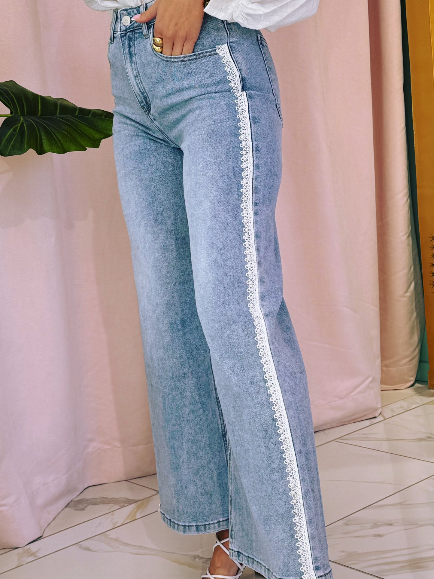 Jean wide leg perles & dentelle