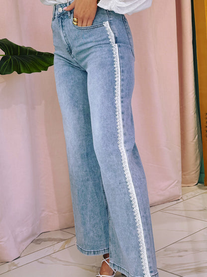 Jean wide leg perles & dentelle