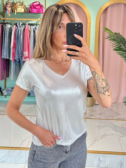 T-shirt col V métallisé argent