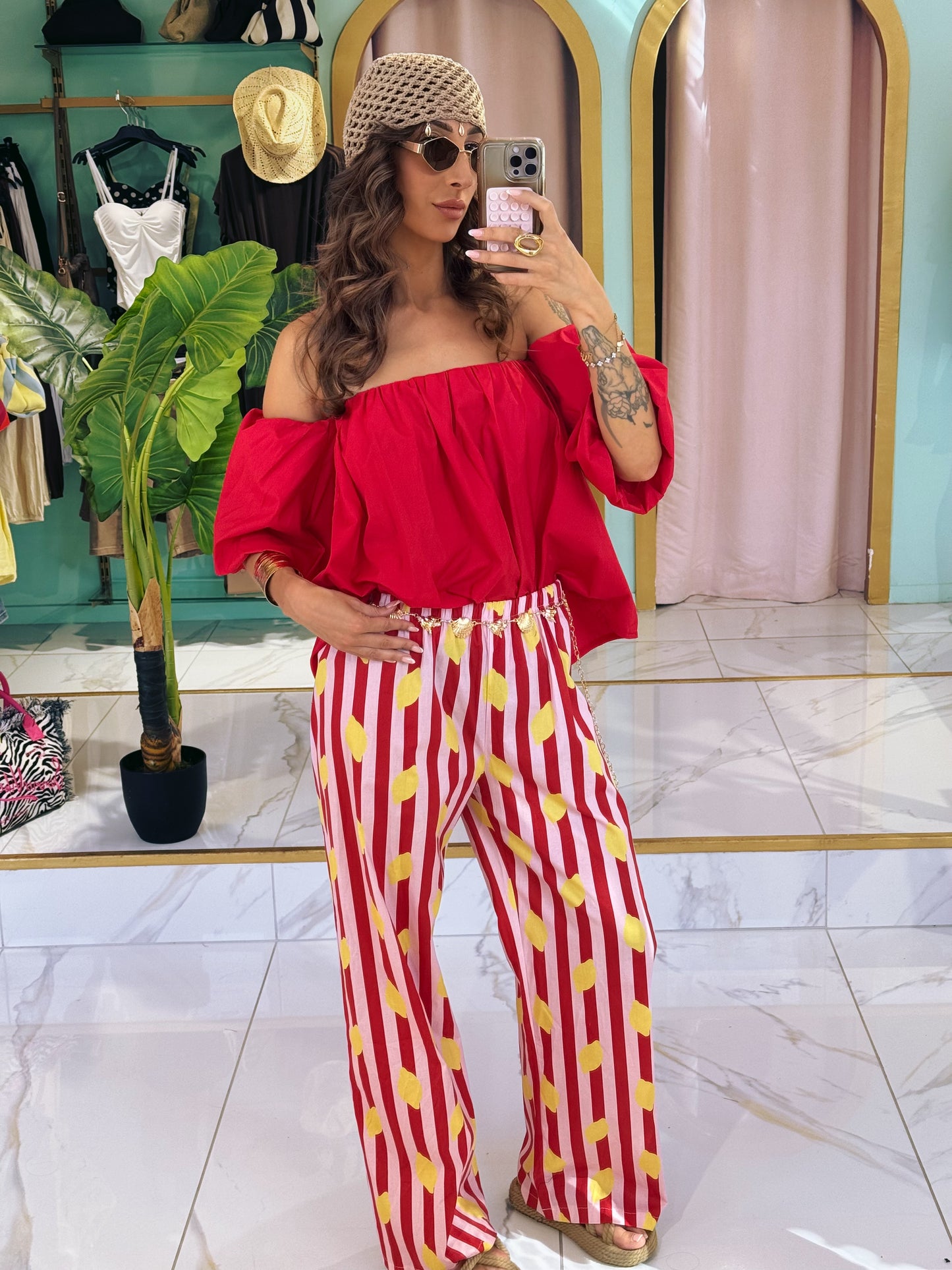 Pantalon rayé citron - rouge & rose