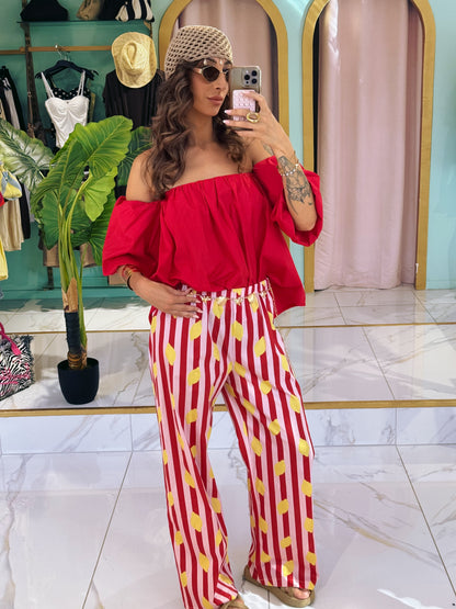 Pantalon rayé citron - rouge & rose