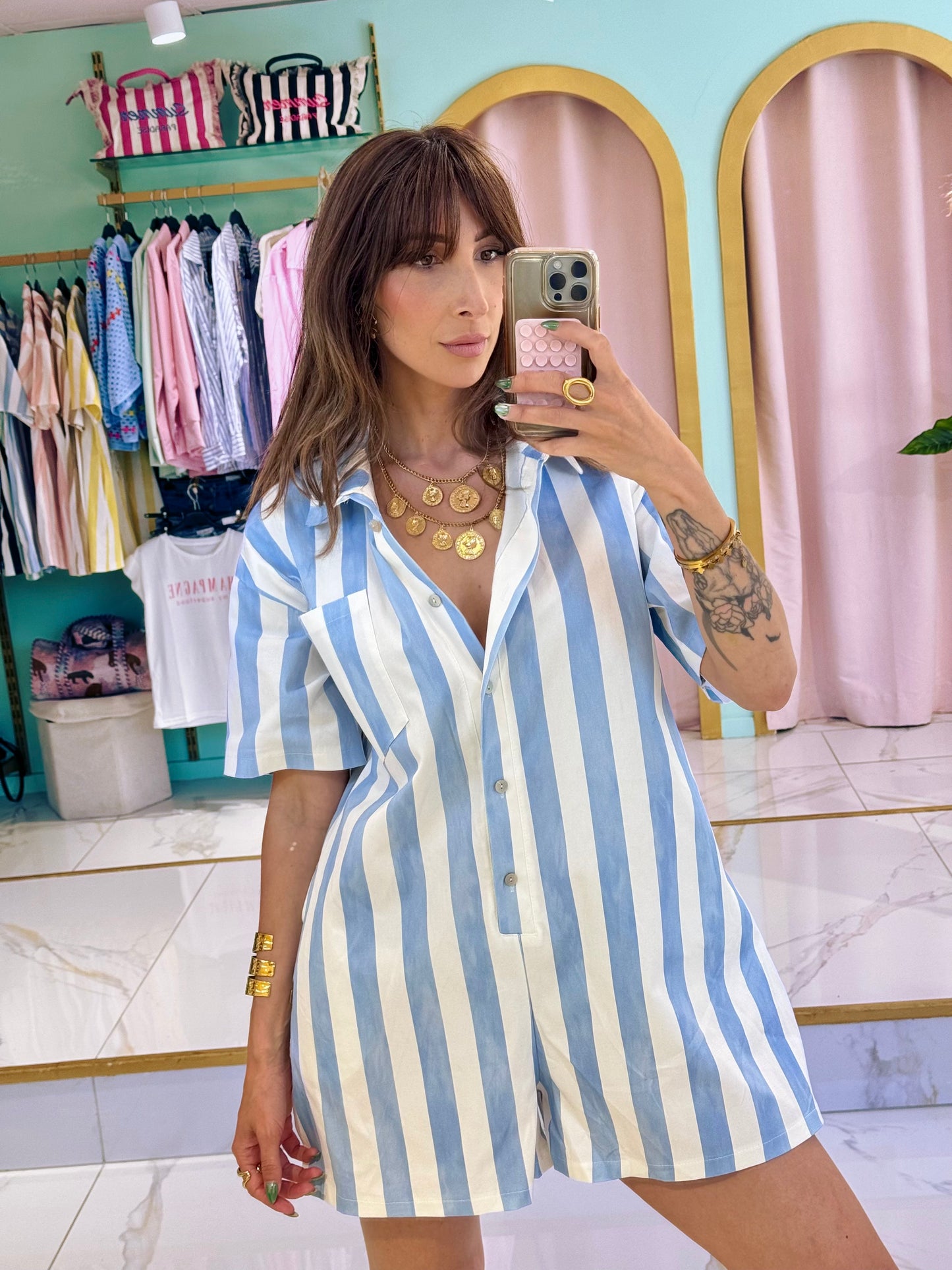 Combi short loose à rayures bleu ciel