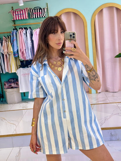 Combi short loose à rayures bleu ciel