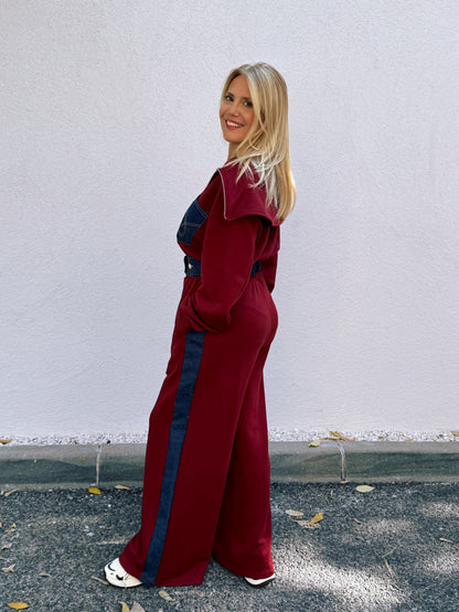 Ensemble streetwear patchwork jean & sweat – bordeaux