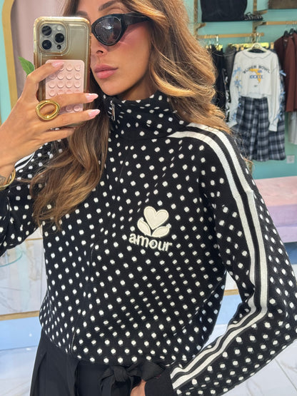 Veste zipée noire  à pois blanc en maille