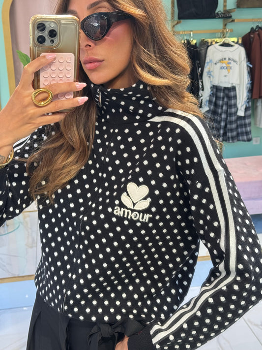 Veste zipée noire  à pois blanc en maille