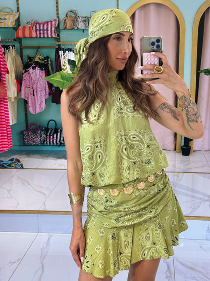 Ensemble top / jupe et foulard bandana  - pistache