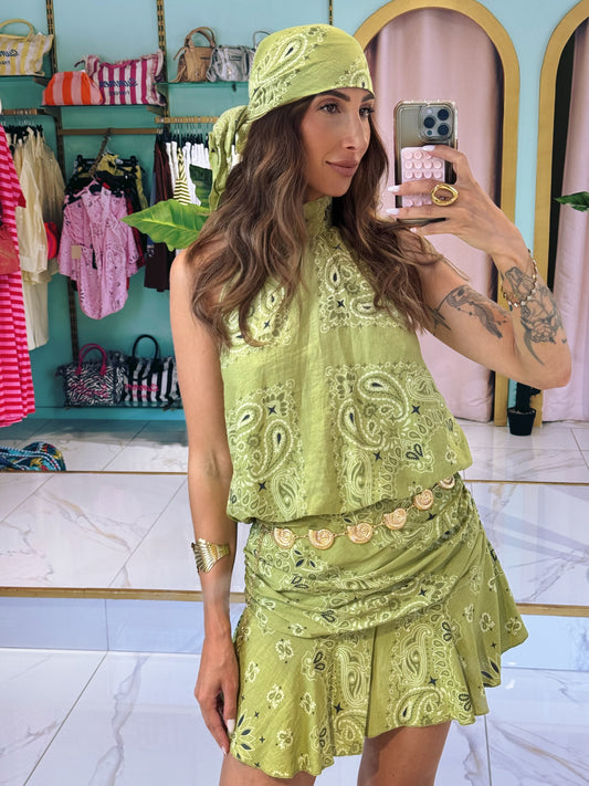 Ensemble top / jupe et foulard bandana  - pistache