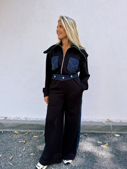 Ensemble streetwear patchwork jean & sweat – noir