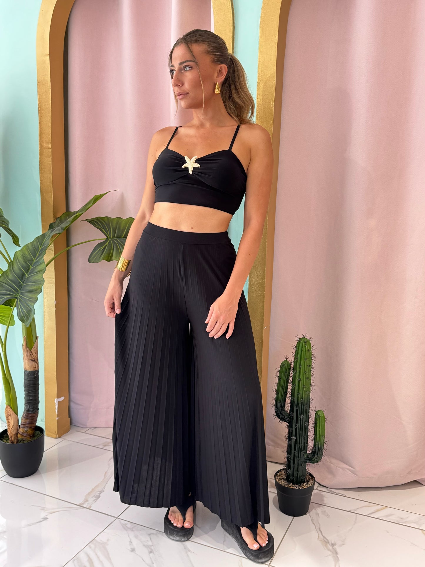 Ensemble top & pantalon palazzo plissé - noir