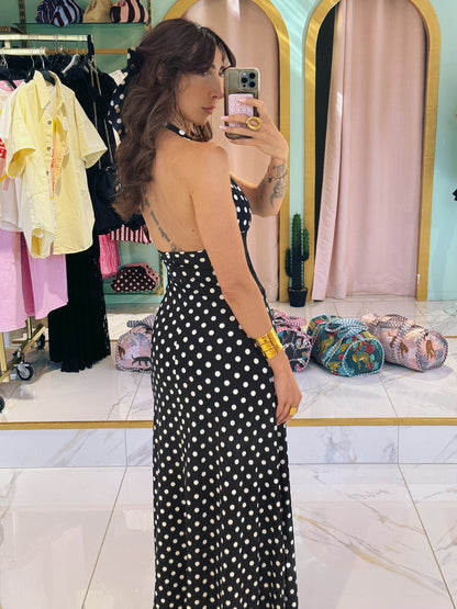 Robe longue a pois nouable dans la nuque - noire