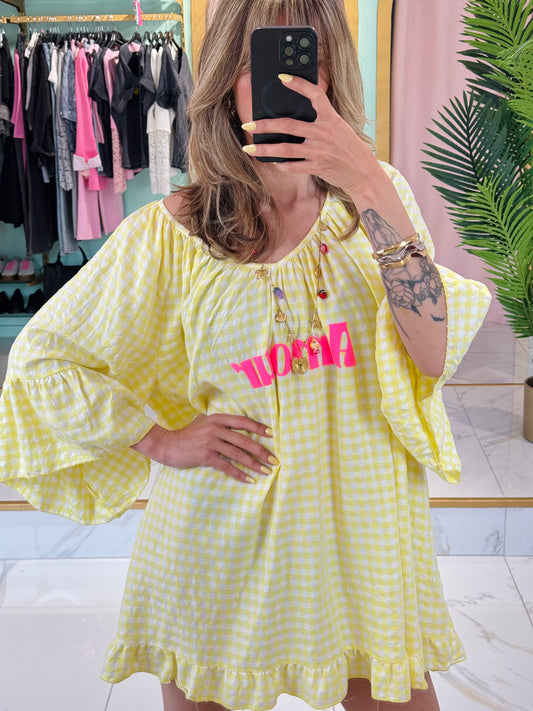 Robe trapèze à carreaux « Amour » – Jaune