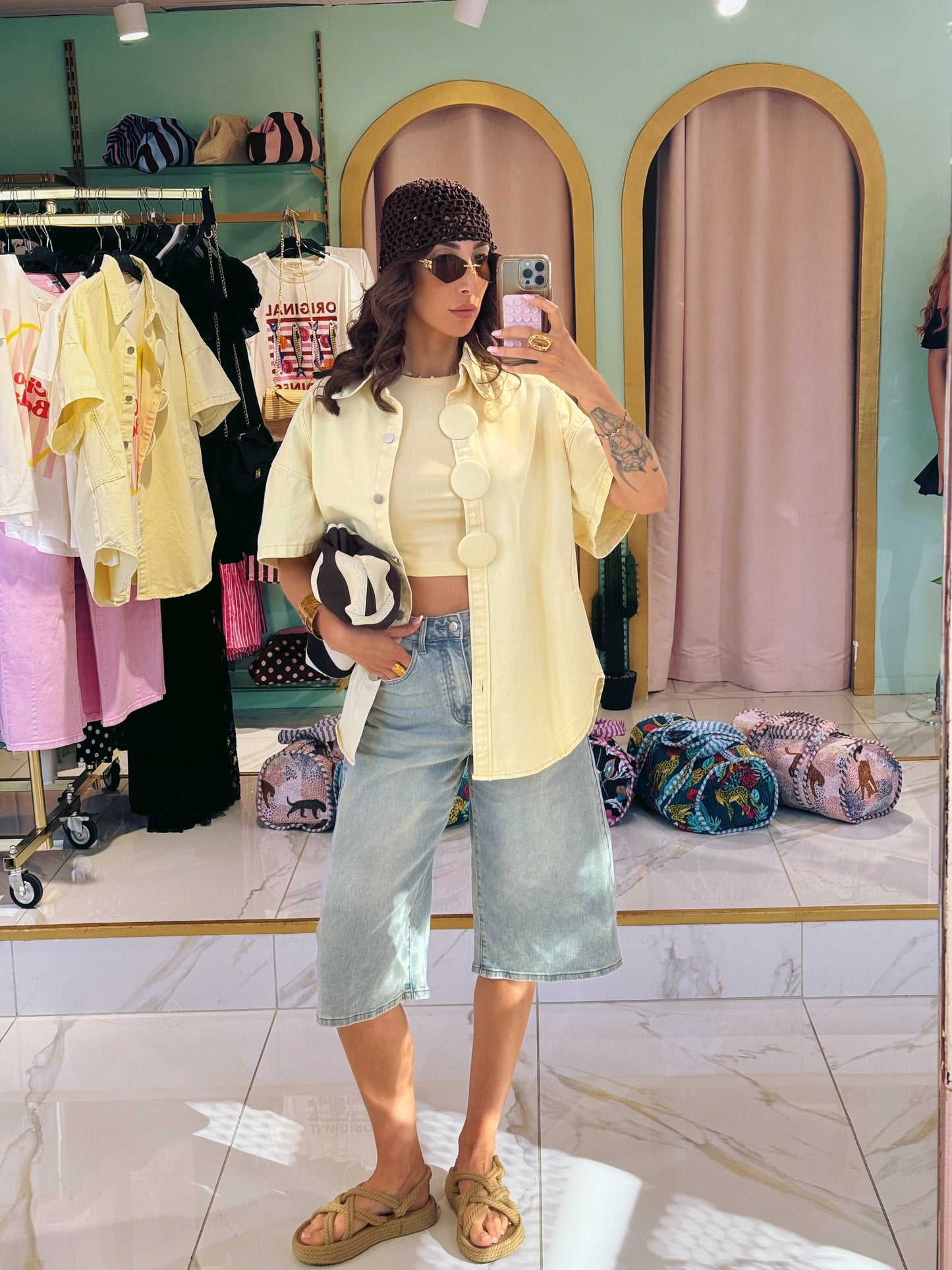 Veste en jean manches courtes oversize - jaune