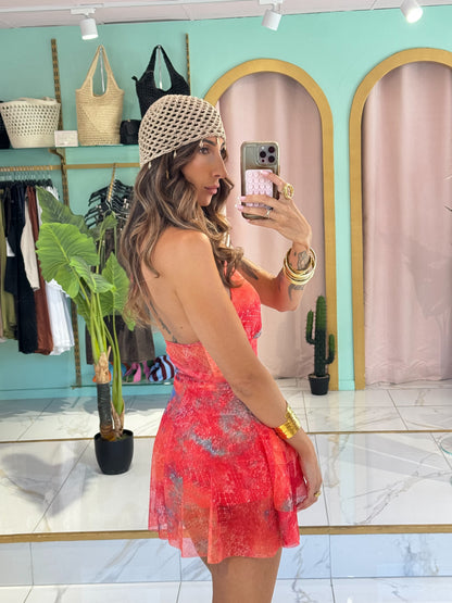 Robe courte imprimée à volants avec short intégré - corail