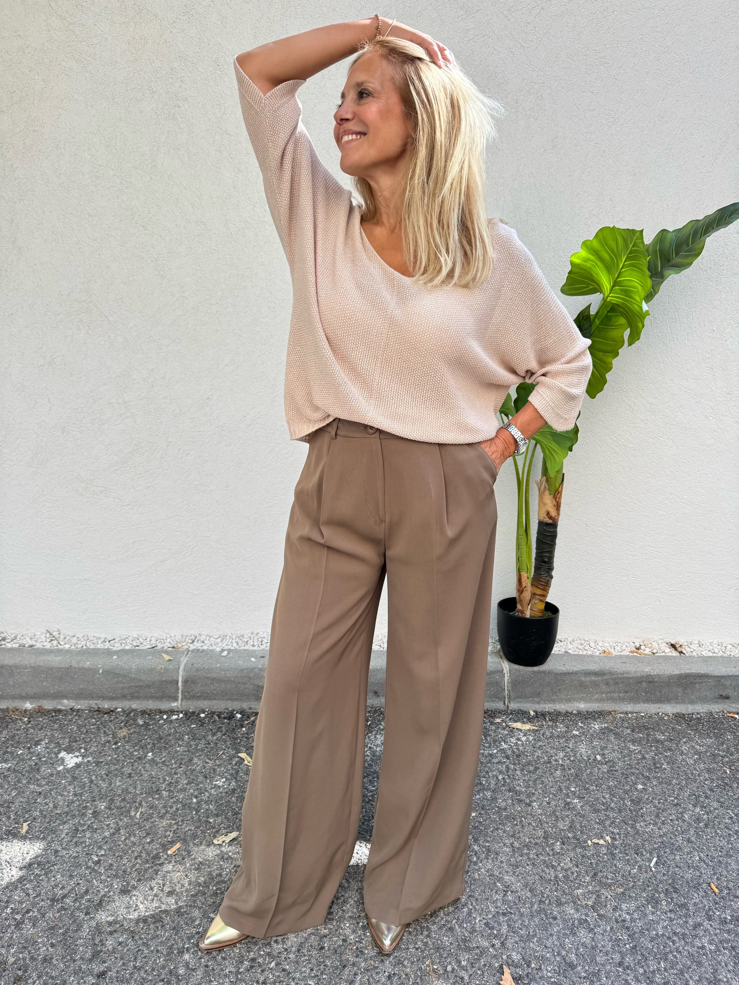 Pantalon tailleur coupe palazzo taupe