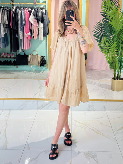 Robe coton col V dos noué - Camel