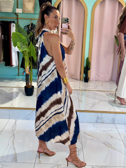 Robe longue satinée à imprimé - bleu marine