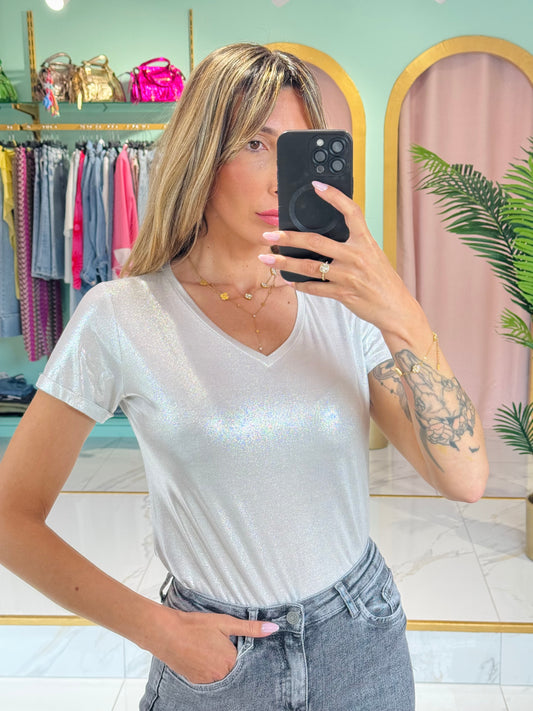 T-shirt col V métallisé argent