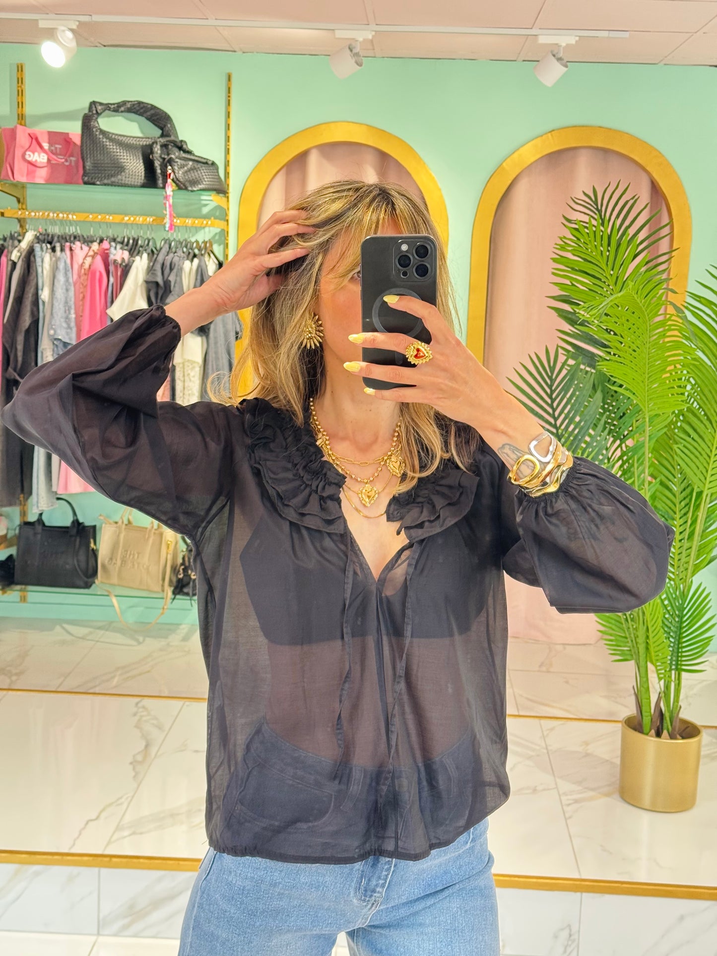 Blouse transparente col froncé – Noir