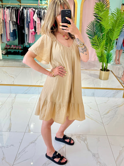 Robe coton col V dos noué - Camel