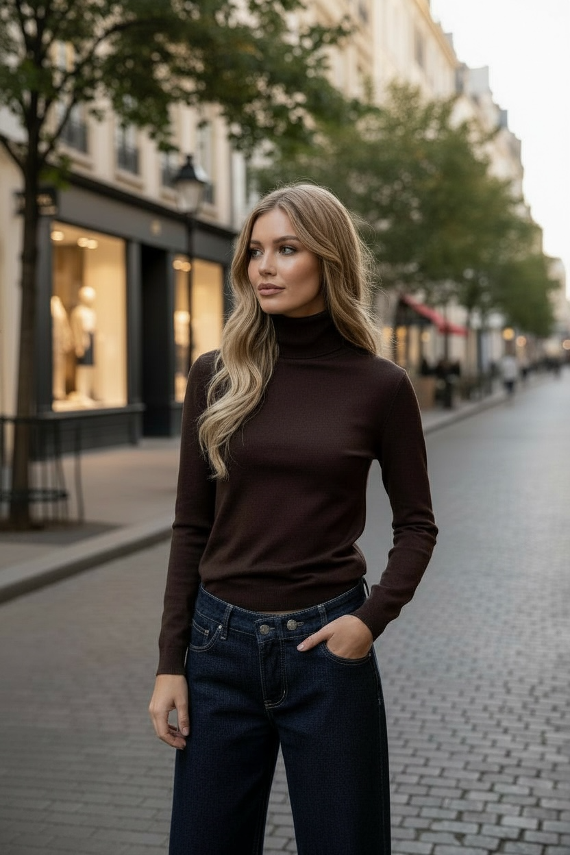 Pull col roulé basique tout doux chocolat