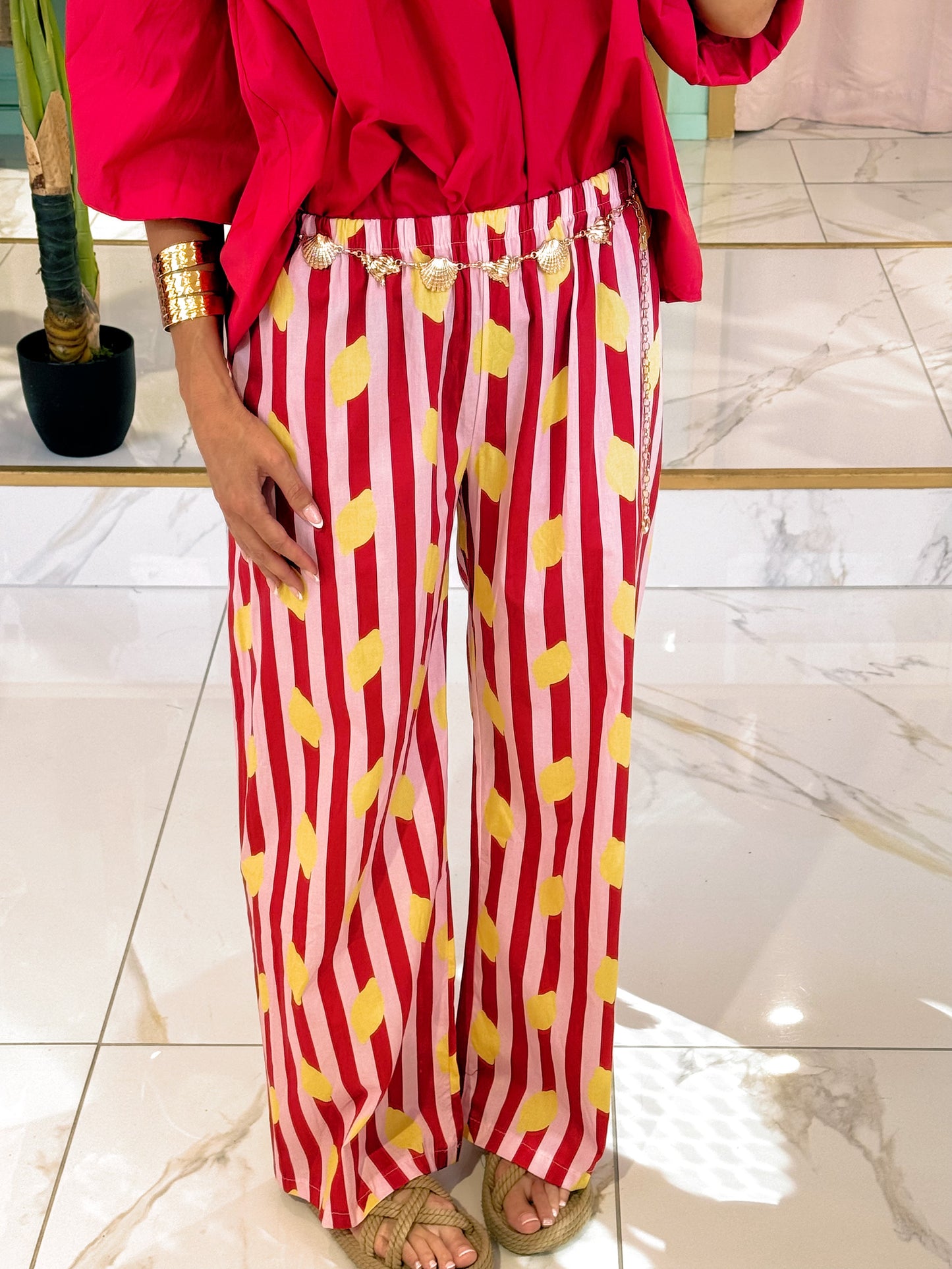 Pantalon rayé citron - rouge & rose
