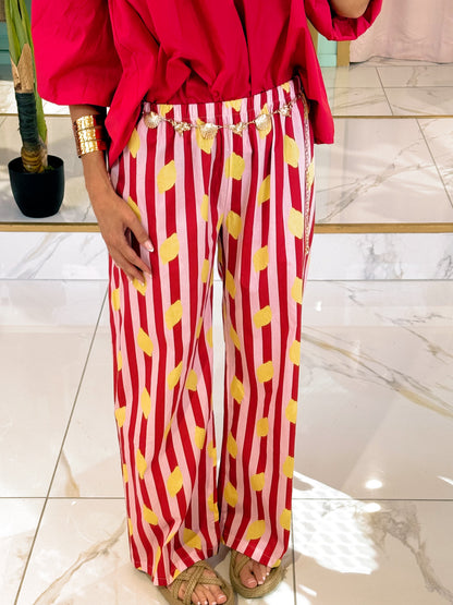Pantalon rayé citron - rouge & rose